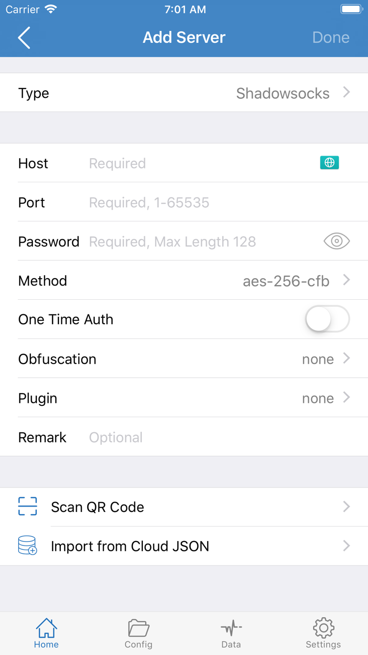Shadowrocket 官方 Add Server 截圖：伺服器參數與 QR Code 入口