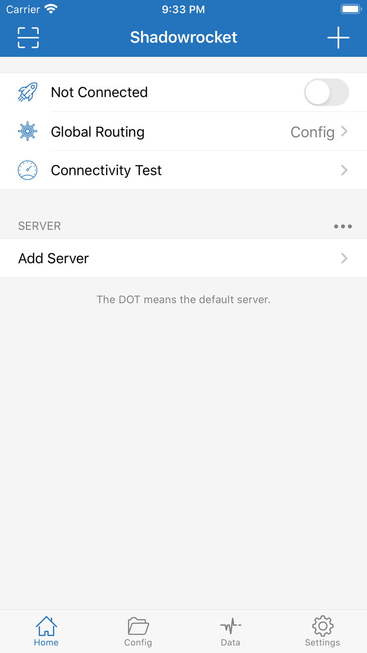 Shadowrocket 官方 Home 截圖：連線開關與 Global Routing
