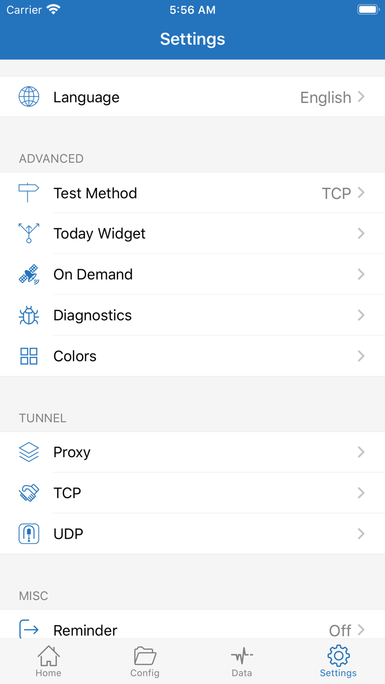 Shadowrocket's Settings screen, showing Language, Test Method, Today Widget, On Demand, Diagnostics, Proxy, TCP, and UDP